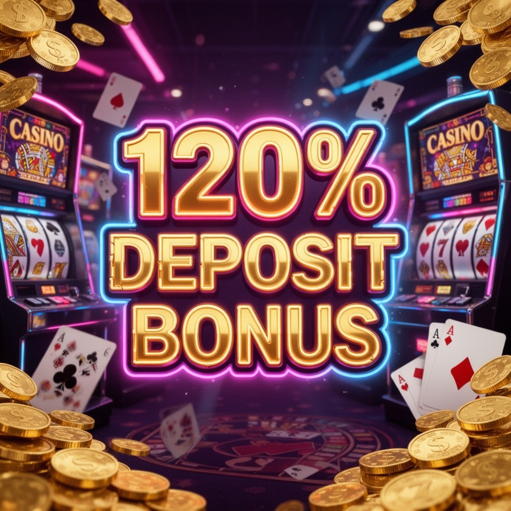 A vibrant advertisement showcasing a casino with a neon-lit atmosphere, featuring the text '120% Deposit Bonus' in bold, eye-catching letters