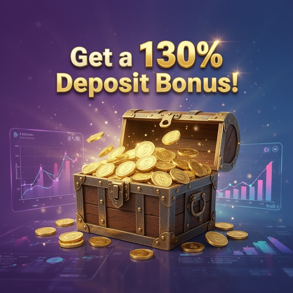 A vibrant, eye-catching advertisement showcasing a 130% deposit bonus for a financial or gaming service