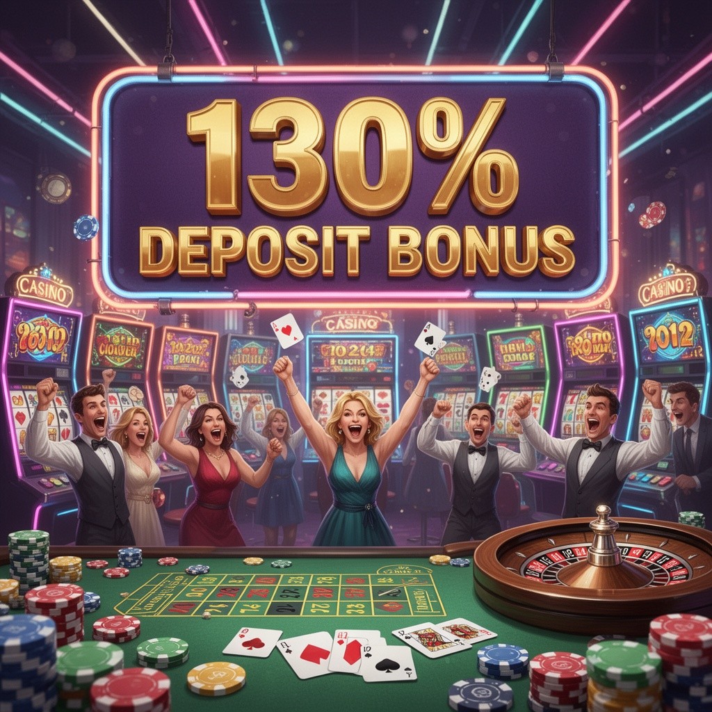 A digital illustration of a vibrant casino scene with a large banner displaying '130% Deposit Bonus' in bold, eye-catching letters