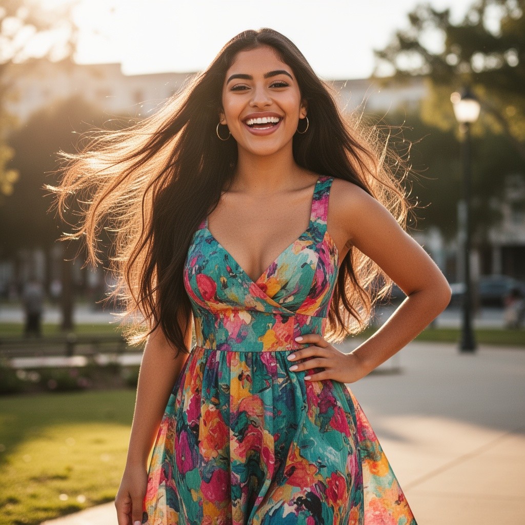 A vibrant young Latina woman in her 20s, exuding confidence and happiness