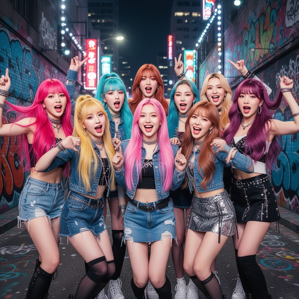 A vibrant and energetic K-pop group of seven girls, showcasing a mix of bright colored hair and natural hair tones
