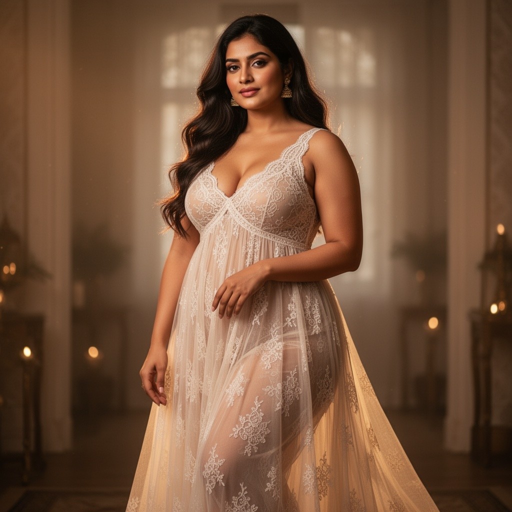A beautiful Indian woman with curvy features, wearing an elegant and flowing nighty that accentuates her curves