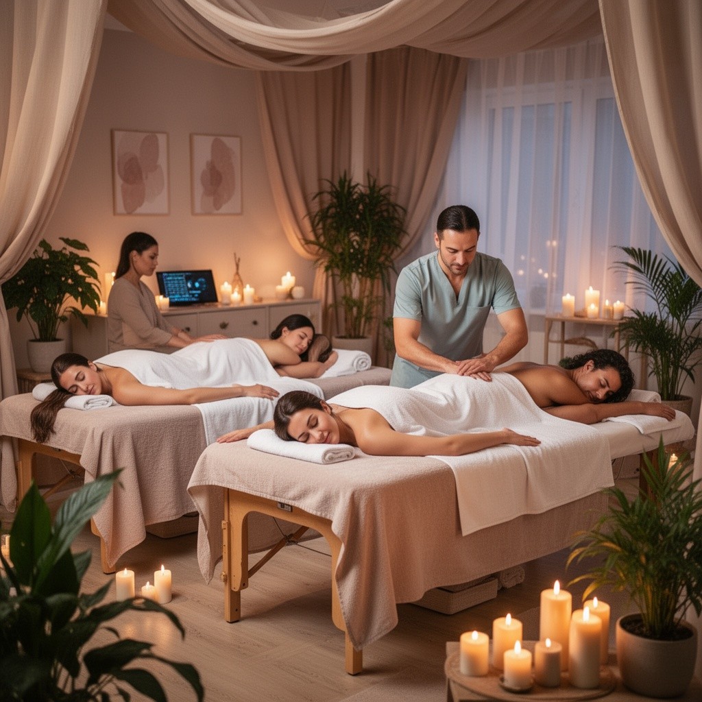 A cozy and inviting setting for a couples massage class, featuring two couples relaxing on comfortable massage tables in a softly lit room decorated with calming colors