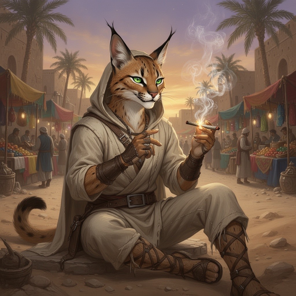 A male humanoid caracal tabaxi thief, featuring sleek fur and feline features, sitting casually in a bustling desert city