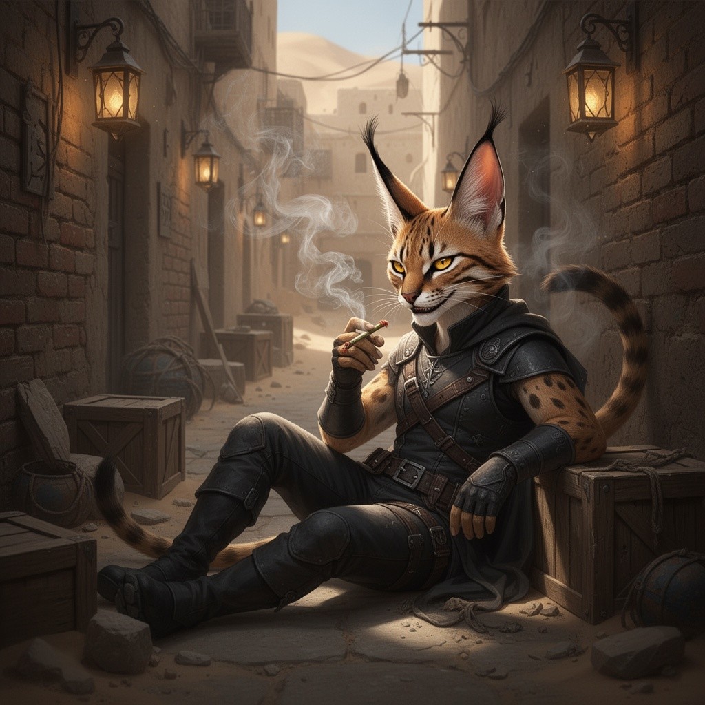 A male humanoid tabaxi rogue with large, prominent caracal ears, lounging in a shadowy back alley of a desert city