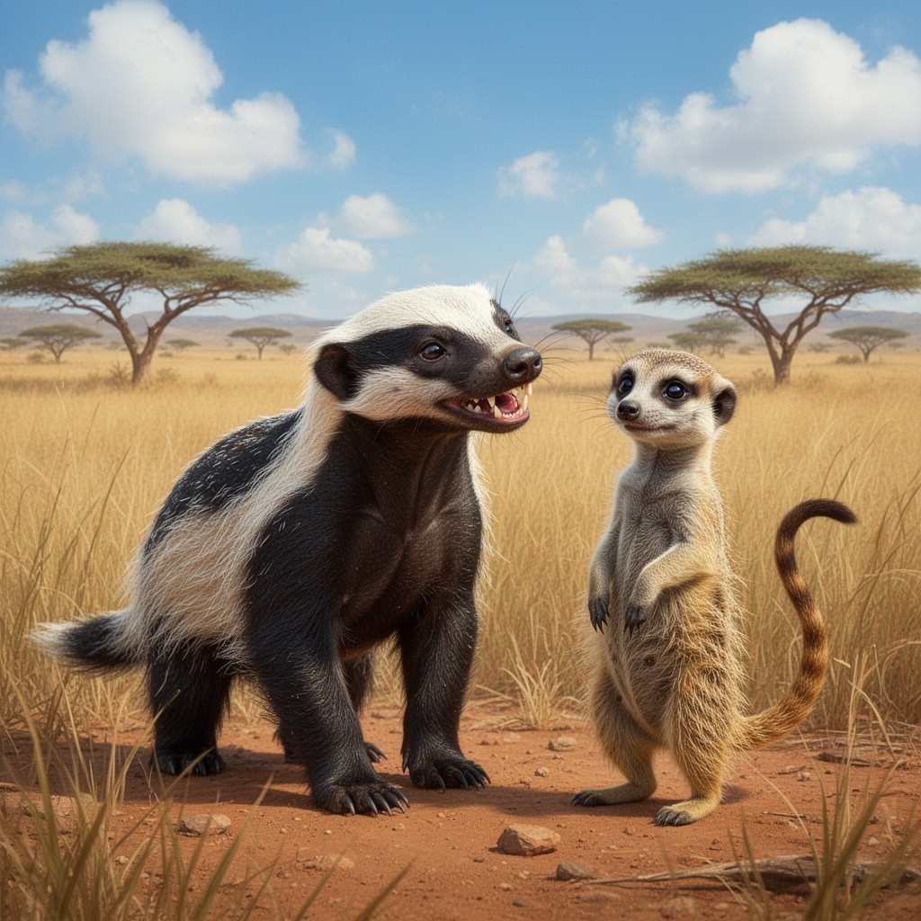 A playful scene featuring a honey badger and a meerkat in a vibrant savannah landscape