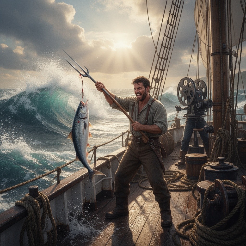 A harpooner-film operator on a ship amidst a raging sea, illuminated by sun rays