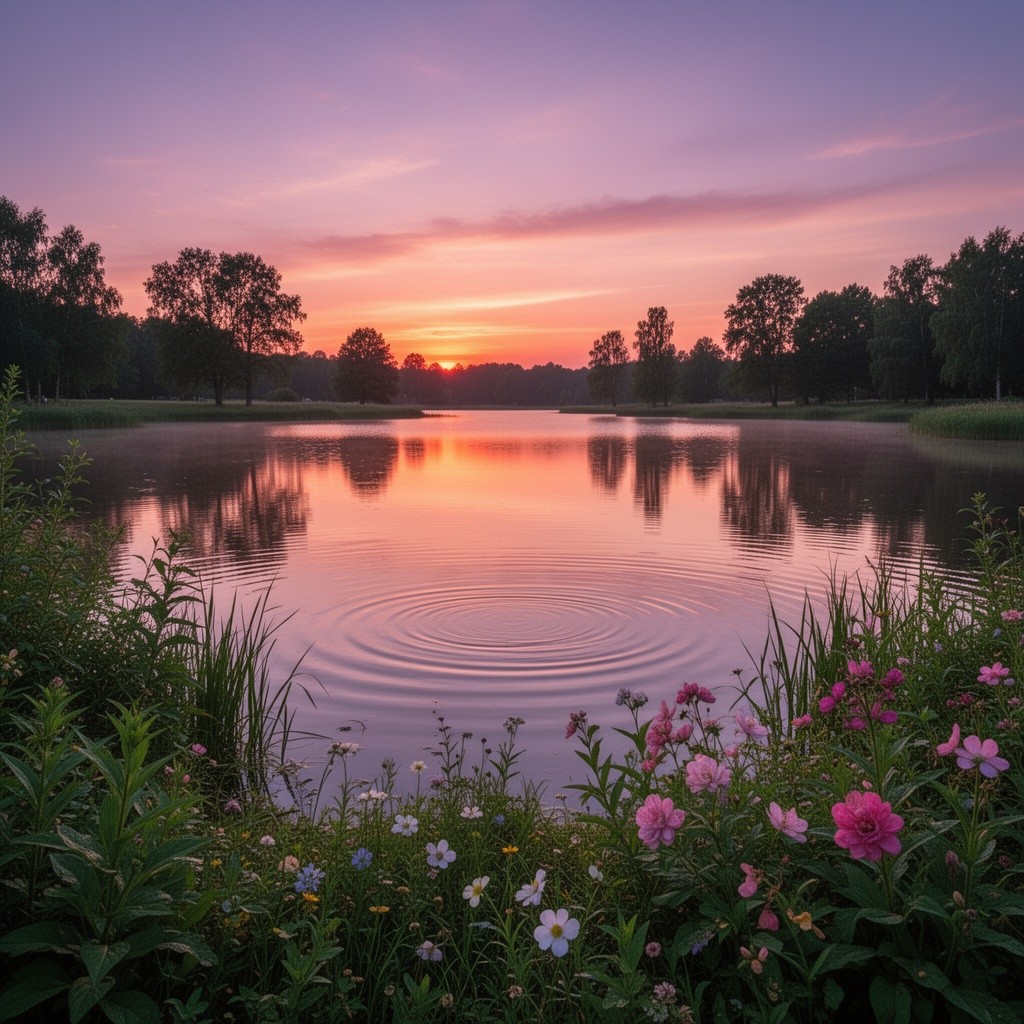 A serene landscape at sunset, showcasing a tranquil lake reflecting the vibrant colors of orange, pink, and purple in the sky