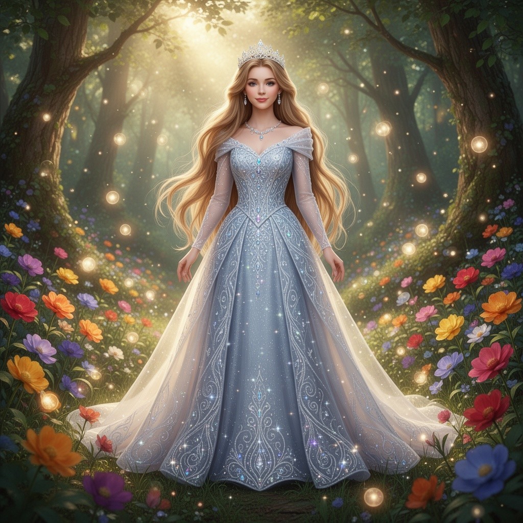 A beautiful princess standing in a lush enchanted forest, wearing an elegant flowing gown adorned with intricate patterns and sparkling jewels