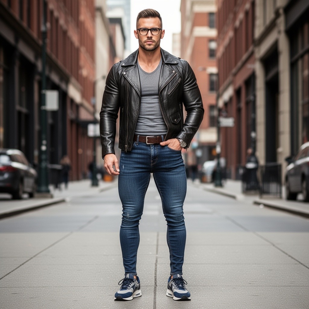 A handsome athletic man with short hair and eyeglasses, wearing a fitted shirt underneath a stylish leather jacket