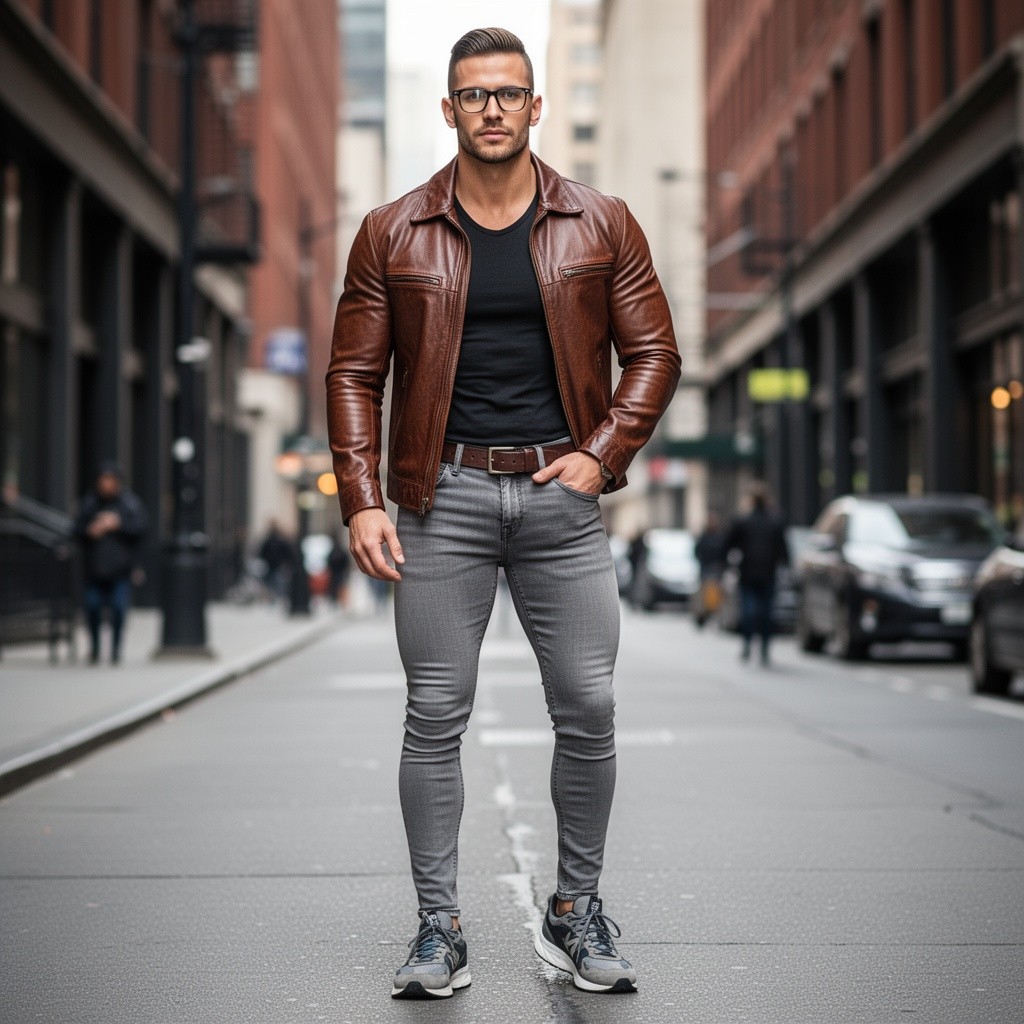 A handsome athletic man with short hair and eyeglasses, wearing a fitted shirt underneath a stylish brown leather jacket
