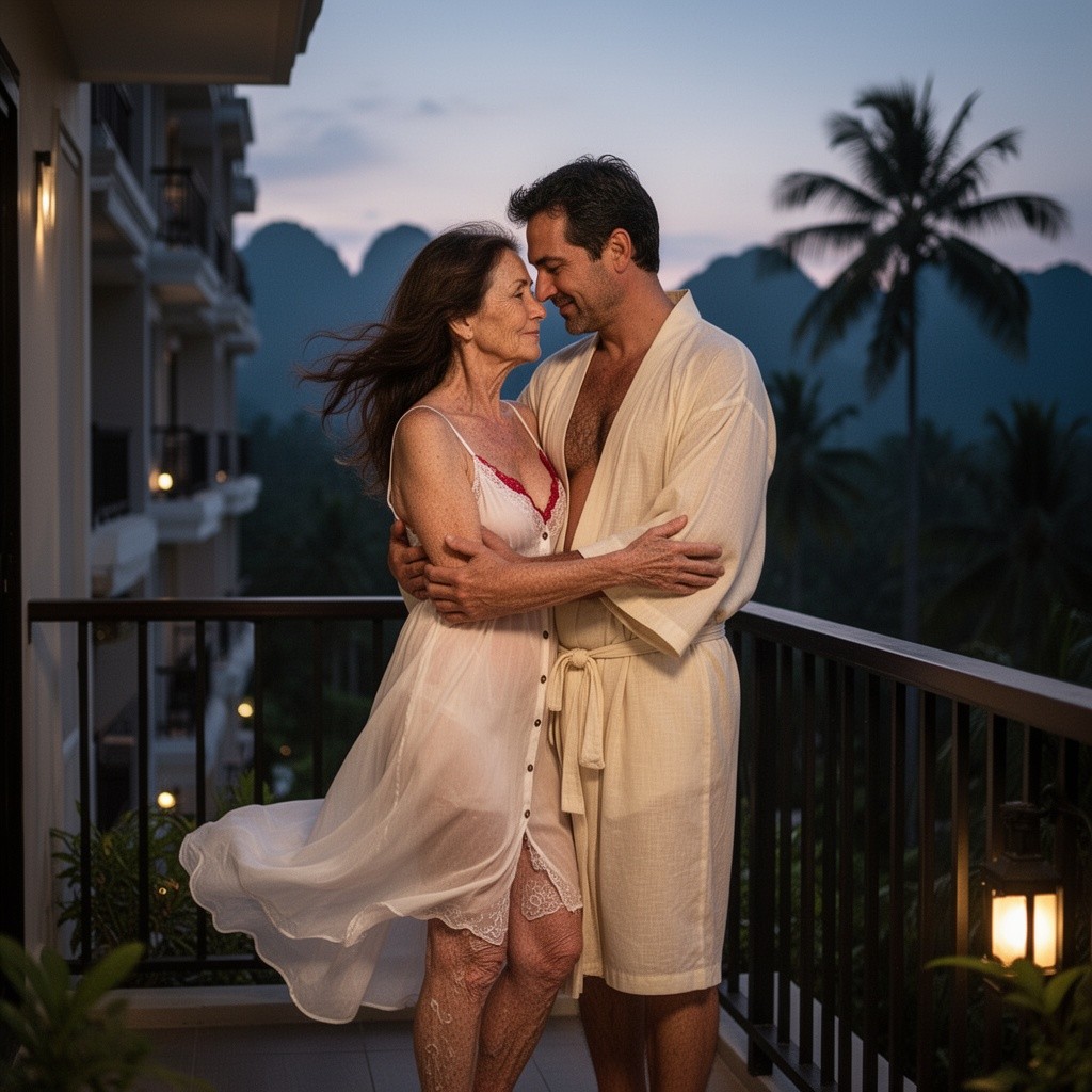 A romantic scene showing a couple embracing tenderly on a balcony terrace of a five-story hotel in Krabi, Thailand, during the evening right before bedtime