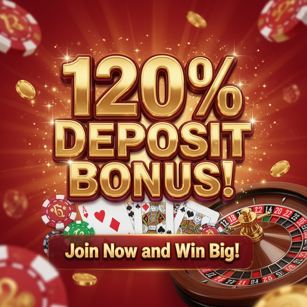 A visually striking advertisement for a casino featuring a vibrant, colorful design that showcases the offer of a 120% deposit bonus