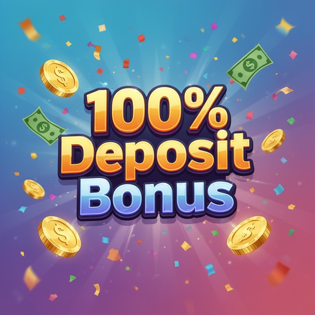 A vibrant and eye-catching graphic featuring the text '100% Deposit Bonus' in bold, modern typography