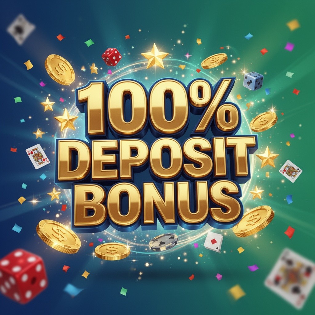 A vibrant and enticing promotional image featuring a large bold text saying "100% Deposit Bonus" in an eye-catching font, surrounded by shimmering gold coins, sparkling stars, and colorful confetti