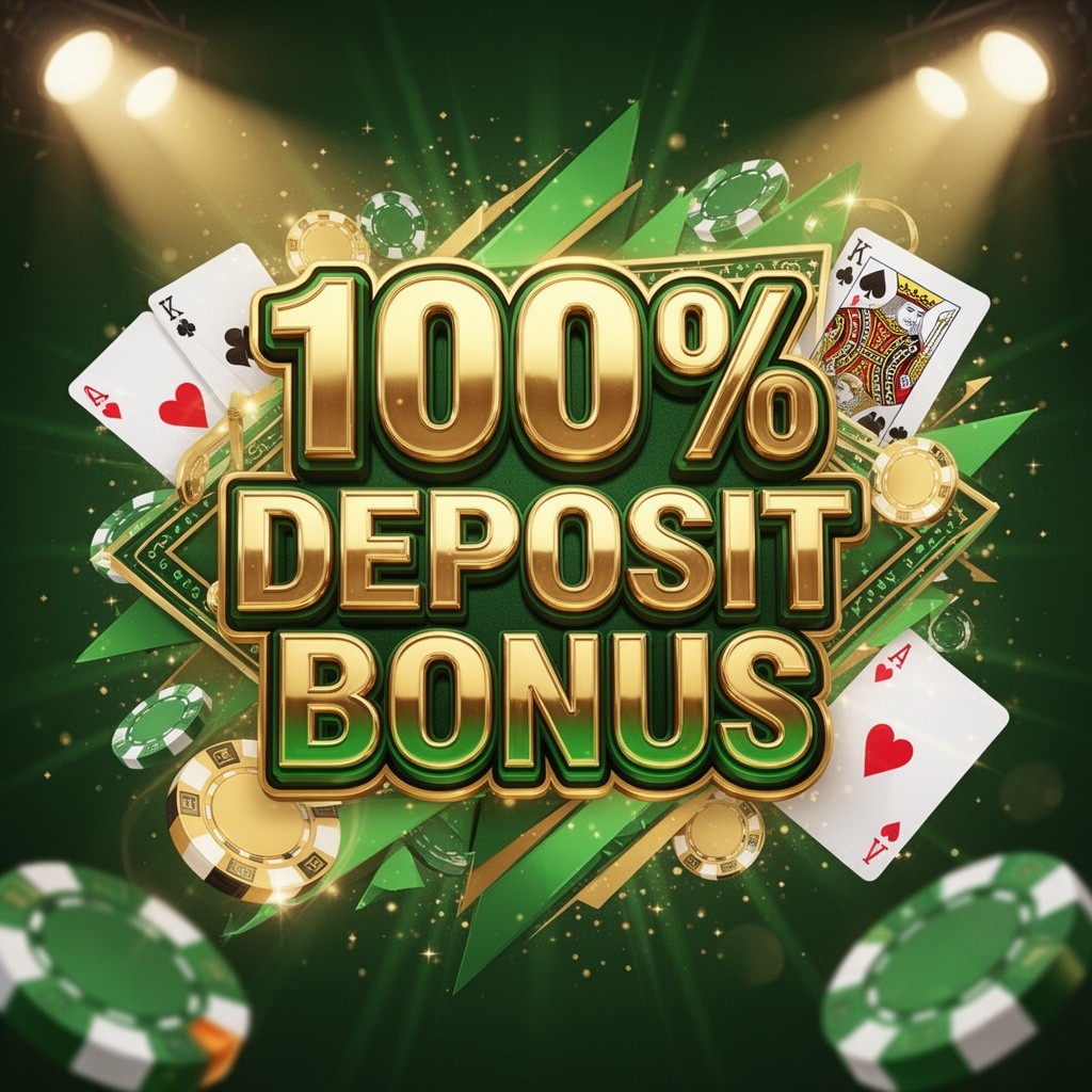A vibrant and eye-catching graphic design for a 100% deposit bonus promotion for an online casino