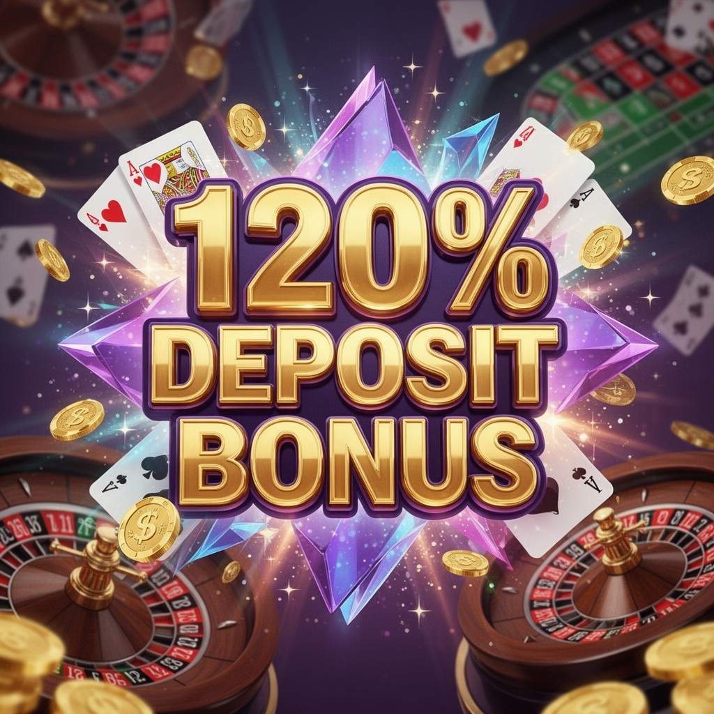 A visually striking advertisement for a casino featuring bold text that reads '120% Deposit Bonus'