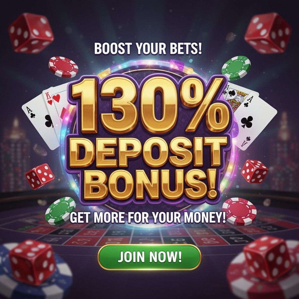 An eye-catching digital illustration that advertises a 130% deposit bonus for a casino