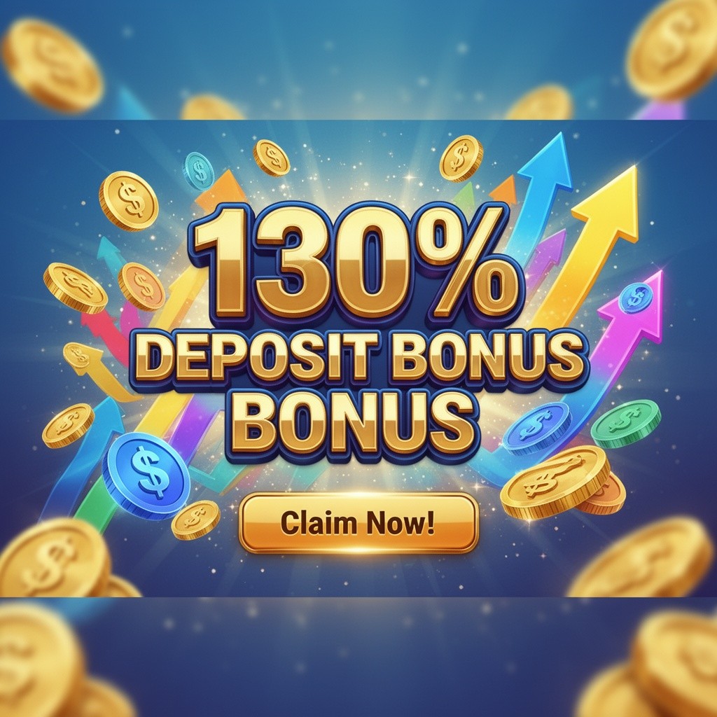 A vibrant and eye-catching promotional banner showcasing a 130% deposit bonus