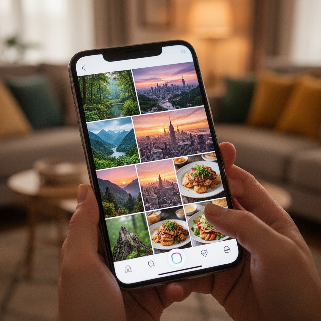 A vibrant, inviting photo gallery displayed on a smartphone screen, showcasing a selection of beautifully taken photographs
