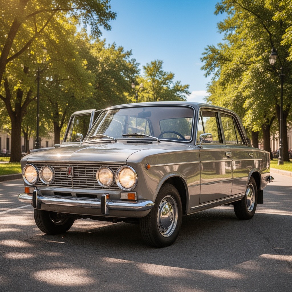 A beautiful and classic Vaz-2103 car parked on a scenic street, the sunlight gleaming off its polished surface