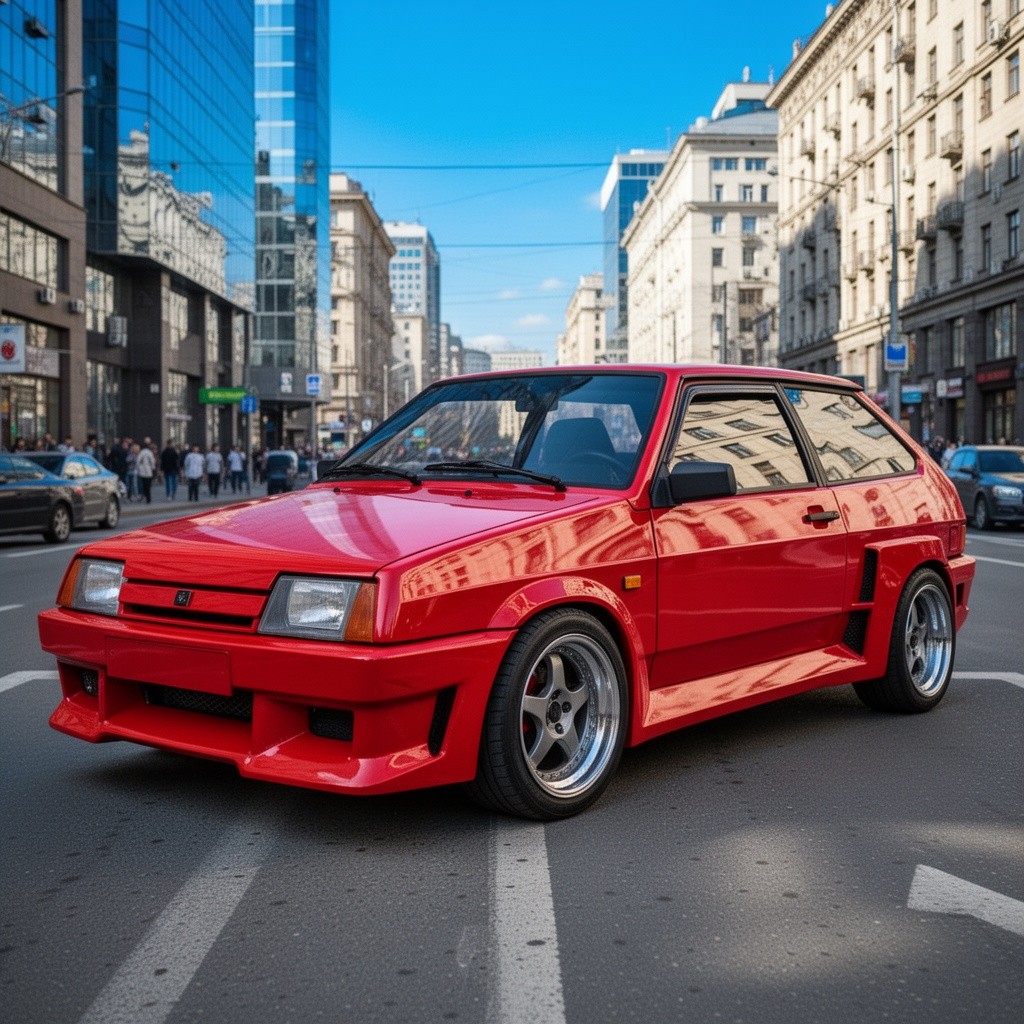 A striking red Vaz-2108 parked in an urban environment, highlighting its sleek and sporty design
