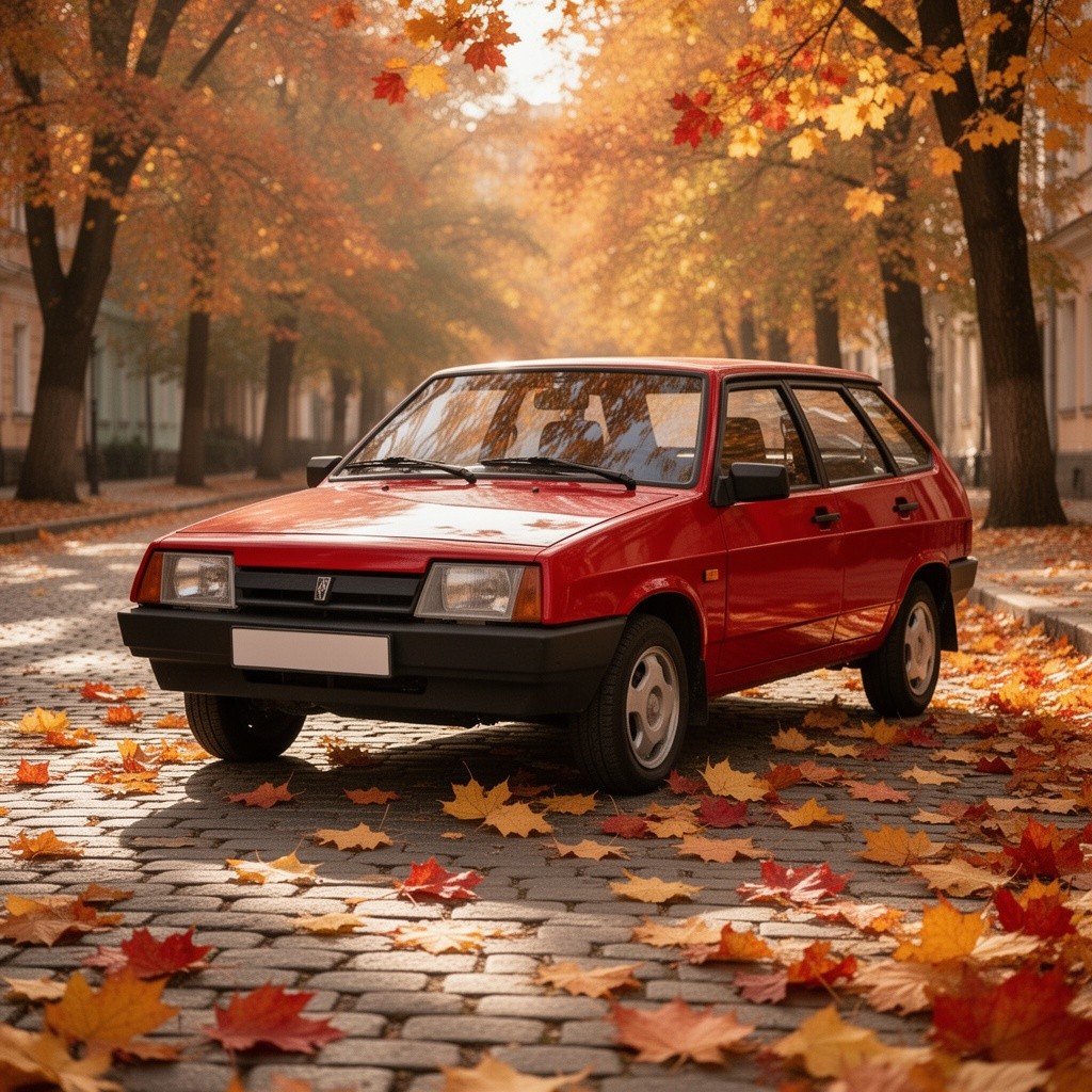 A red VAZ-2108 parked on a cobblestone street during a picturesque autumn scene