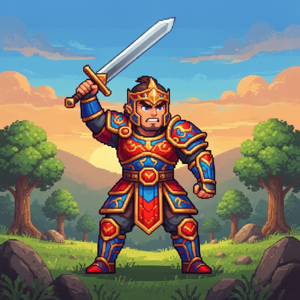 A bold and colorful 2D pixel art warrior character, standing heroically with a sword raised high, wearing intricate armor with a lively palette of reds, blues, and golds