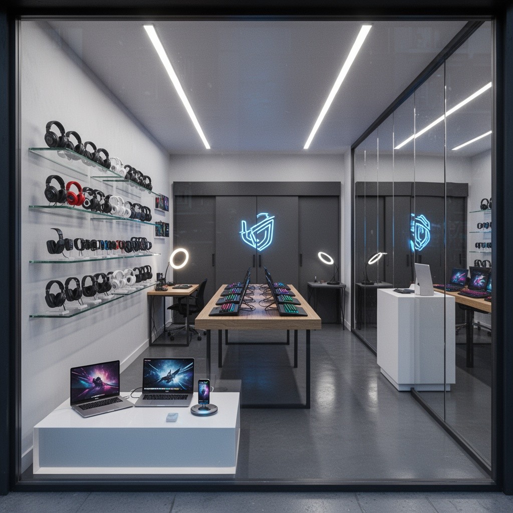 Photorealistic 3D interior rendering of a narrow electronics store, dimensions 3 meters wide by 8
