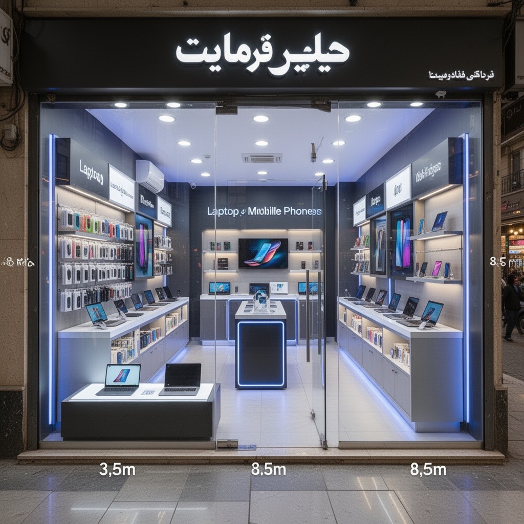 Design of a storefront and interior for a laptop and mobile phone shop, showcasing mobile accessories and laptops