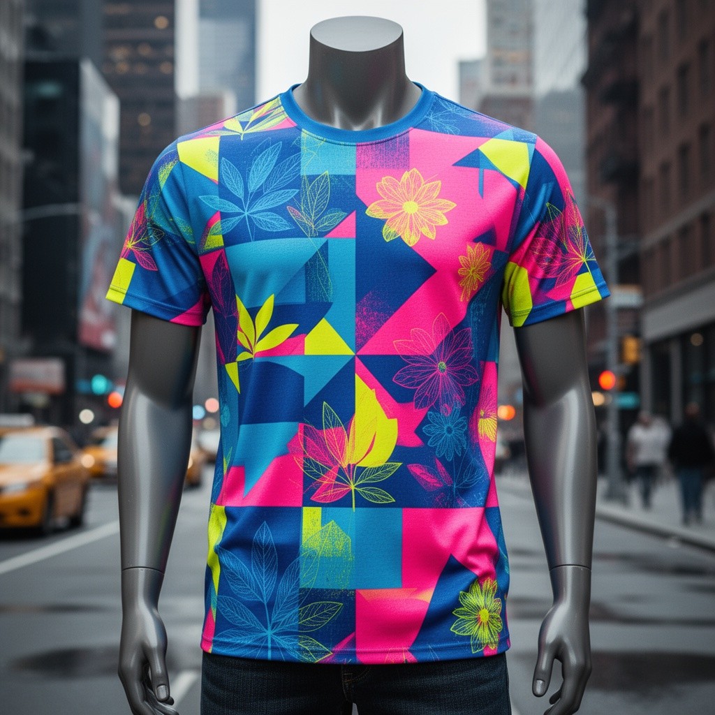 A creative and trendy t-shirt design featuring a modern geometric pattern in vibrant colors like electric blue, neon pink, and bright yellow
