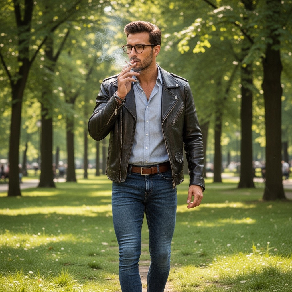 A handsome, athletic man wearing eyeglasses, a stylish shirt, and a leather jacket paired with a belt and tight jeans