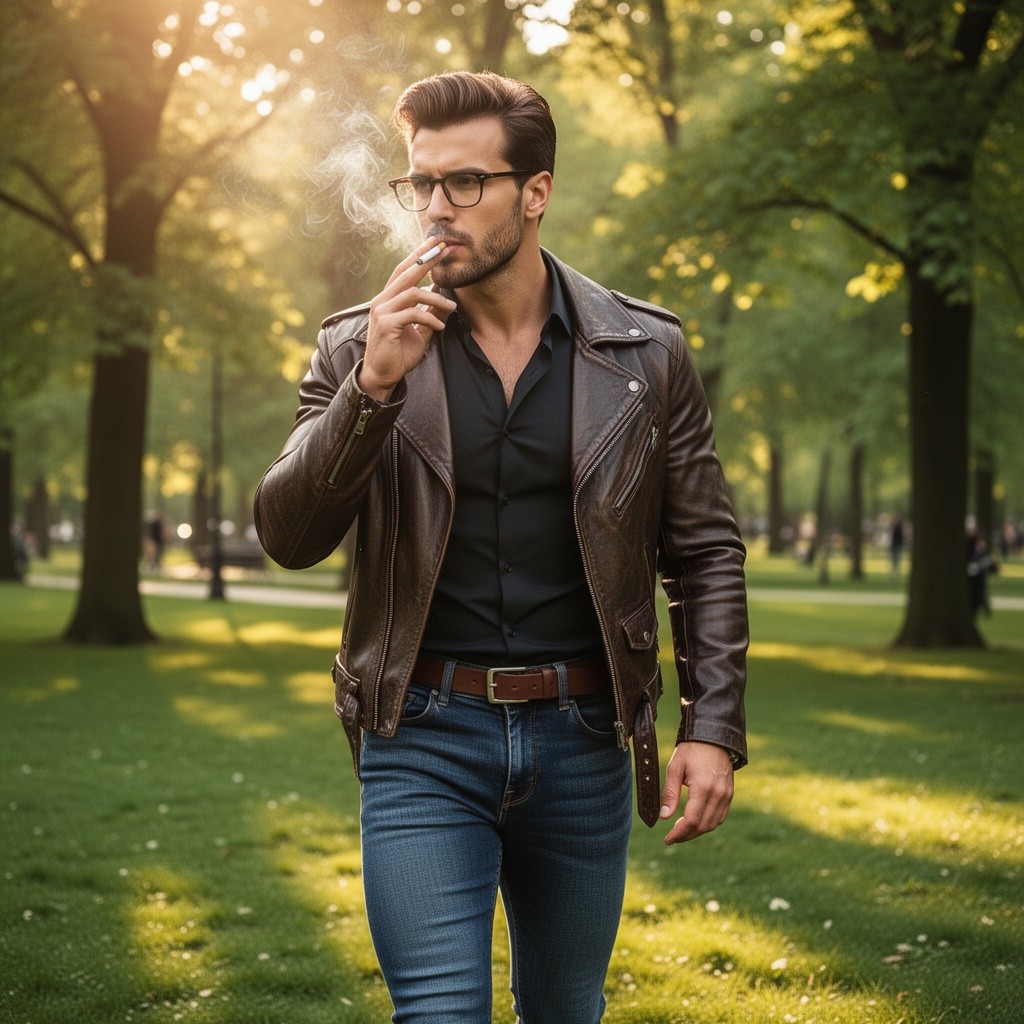 A handsome, athletic man with eyeglasses, dressed in a fitted shirt and a stylish leather jacket