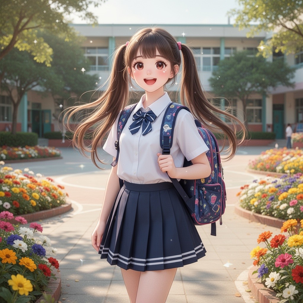 A cute school girl wearing a stylish short skirt, combining a modern and youthful look