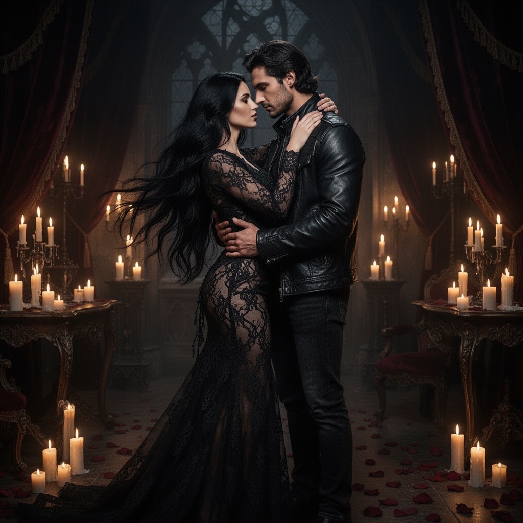 A captivating dark romance scene featuring a mysterious and alluring couple embracing in a dimly lit, gothic setting