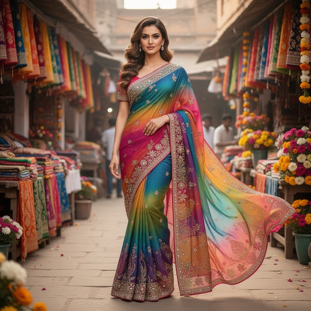 A beautiful woman elegantly draped in a vibrant, flowing saree that showcases intricate patterns and rich colors
