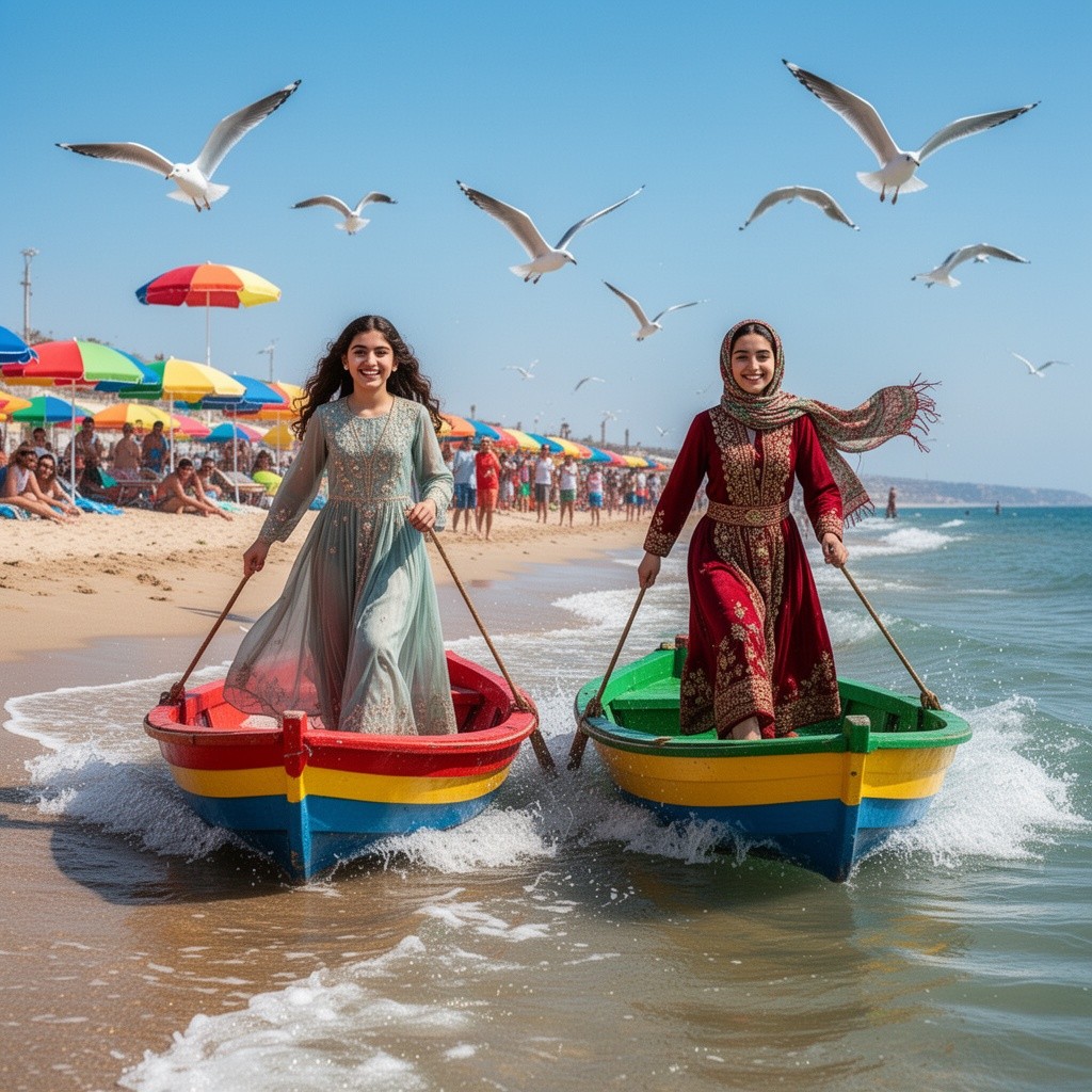 A picturesque beach scene featuring a dramatic competition between an Iranian girl and a Turkish girl in traditional attire, both standing in colorful small boats racing on the waves