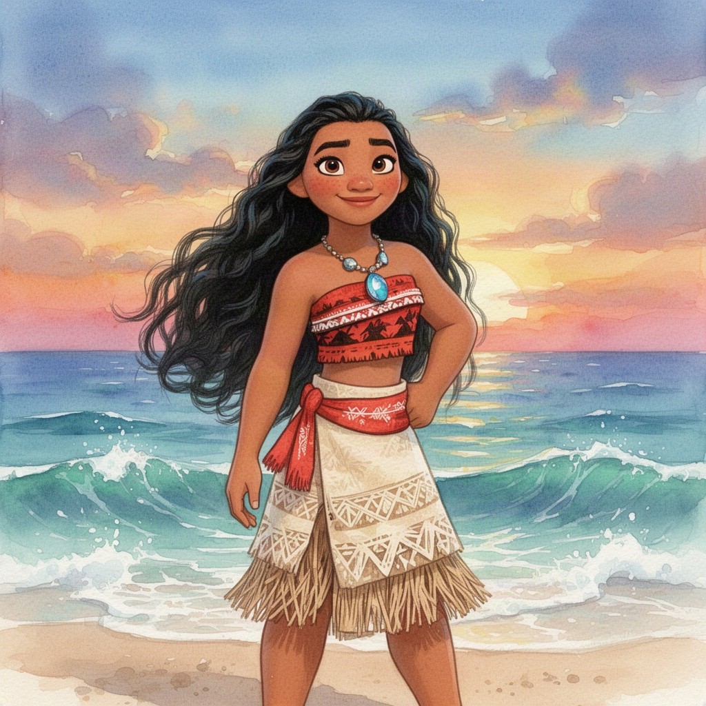 A beautiful watercolor illustration of Moana, the adventurous Polynesian princess, depicted in soft, flowing colors