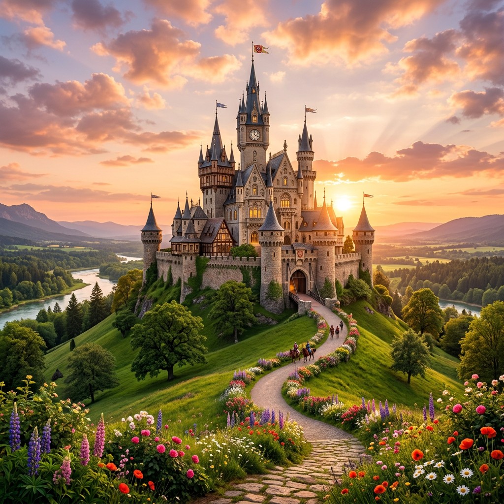 A majestic and beautiful castle situated on a lush green hill, with soaring towers and intricate details in the architecture