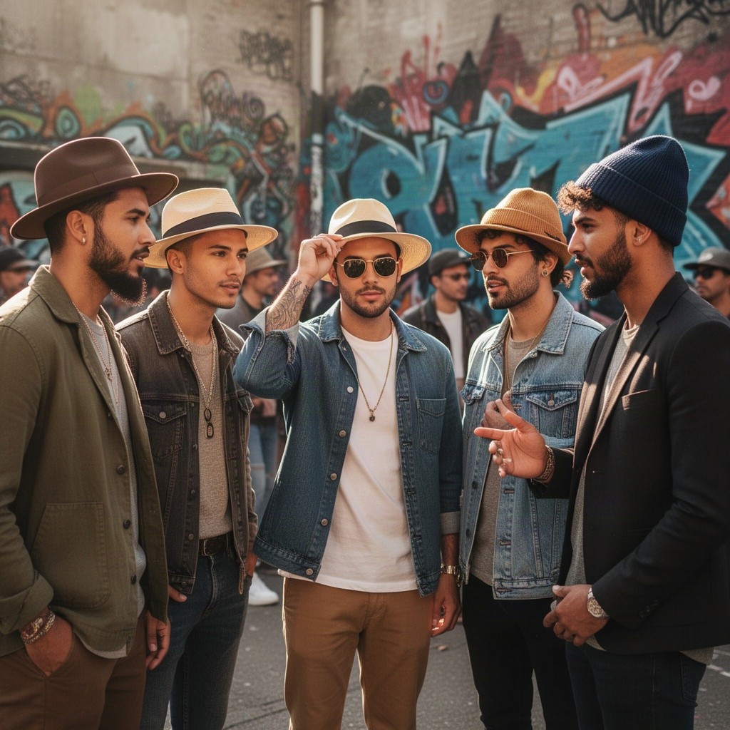 A diverse group of stylish men wearing a variety of hats, including fedoras, panama hats, and beanies