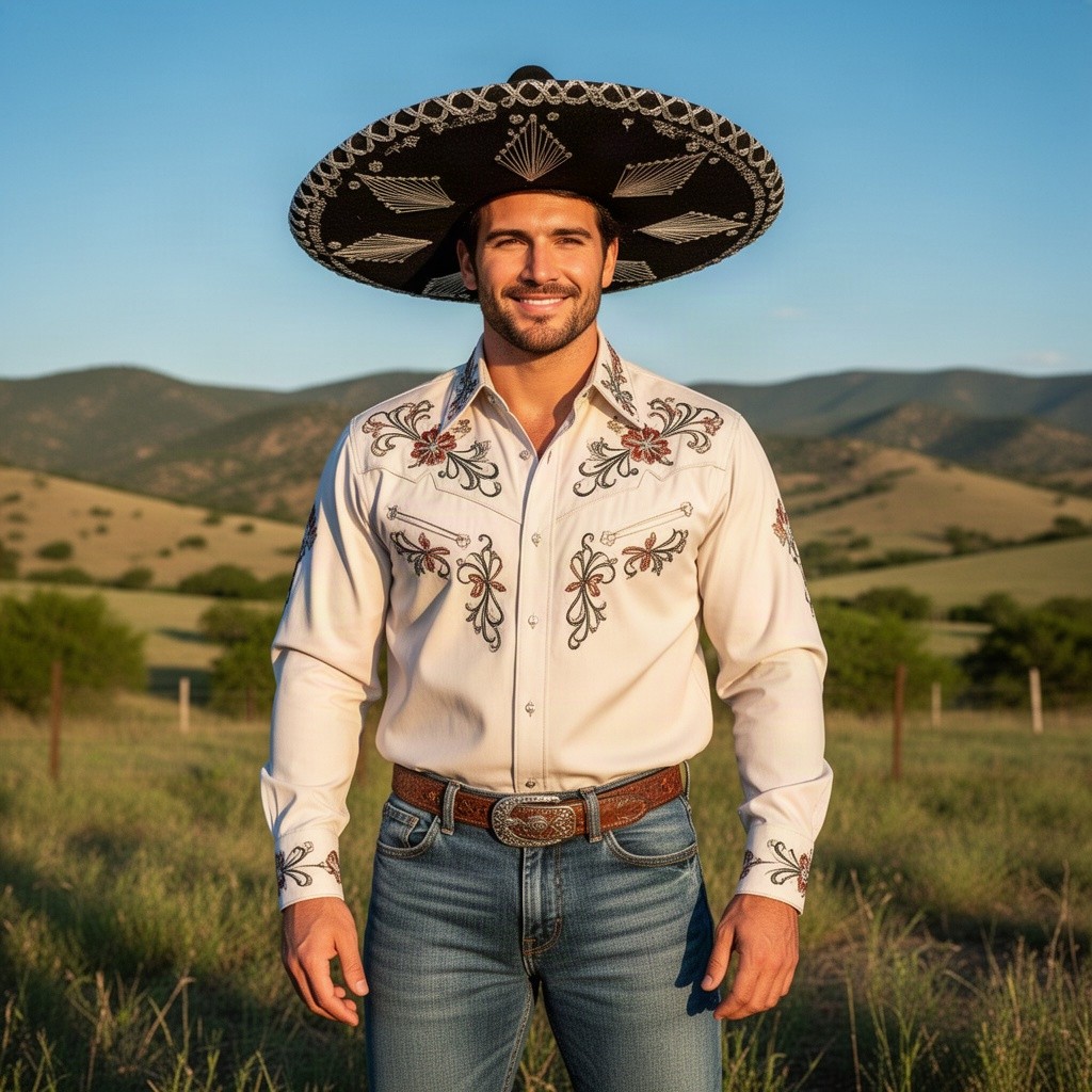 A handsome man dressed in traditional northern Mexican cowboy attire, featuring a stylishly embroidered western shirt and classic denim jeans