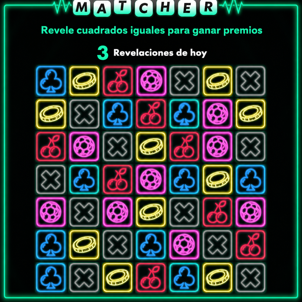 A neon-themed gaming interface titled 'MATCHER'