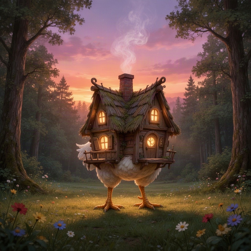A whimsical hut on chicken legs stands in a serene forest glade, illuminated by warm light emanating from its windows
