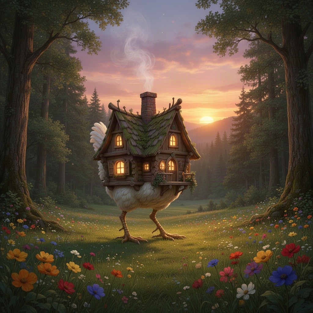 A fairy tale cottage on chicken legs standing in a lush forest glade, with warm light glowing from the windows and a gentle plume of smoke rising from the chimney, set against a picturesque natural landscape with a vibrant sunset in the background