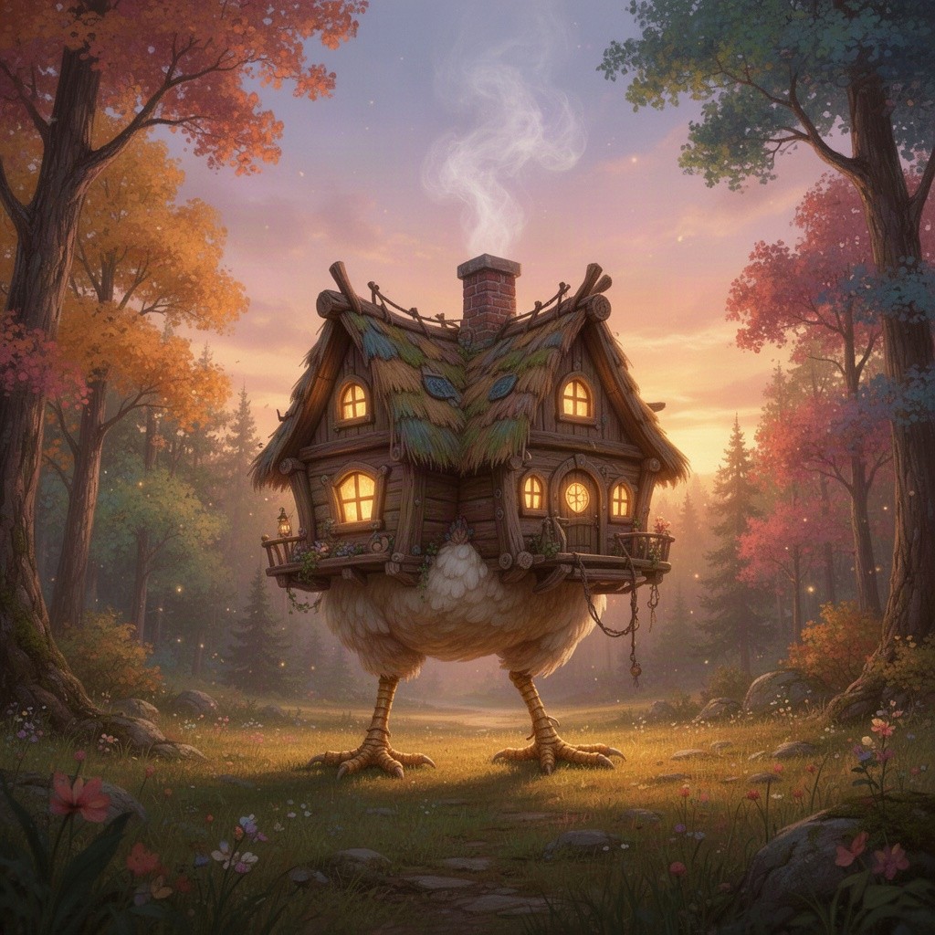 A large, magical hut on chicken legs standing in a serene forest clearing, with warm light glowing from its windows