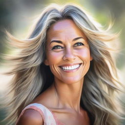 A portrait of a beautiful woman, radiating grace, with eyes that reflect wisdom and a warm smile. Her hair dances gently in the breeze.