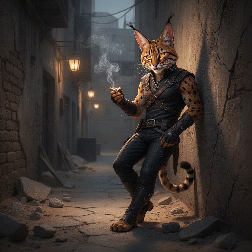 A male humanoid tabaxi rogue with large caracal ears, short tail, and digitigrade legs, casually leaning against a wall in a darkened desert city back alley