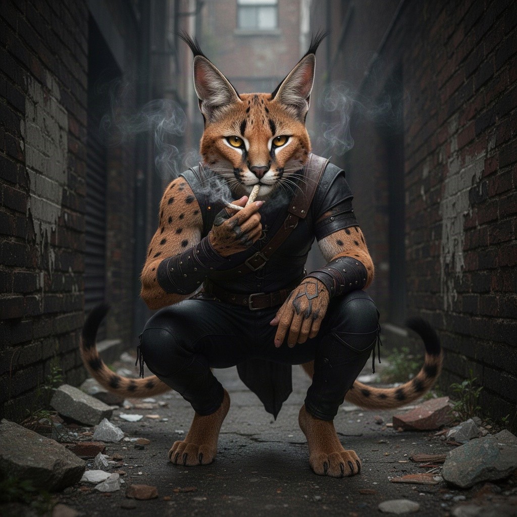 A male humanoid tabaxi thief with large caracal ears, distinct caracal facial colors, and digitigrade legs, stealthily positioned in a dark back alley
