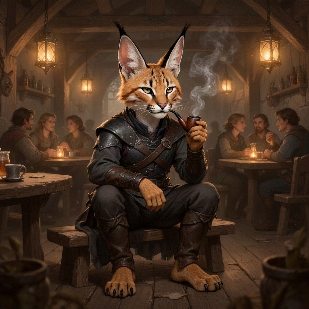 A male humanoid tabaxi thief with distinct large caracal ears and caracal facial colors, sitting alone in a cozy fantasy tavern