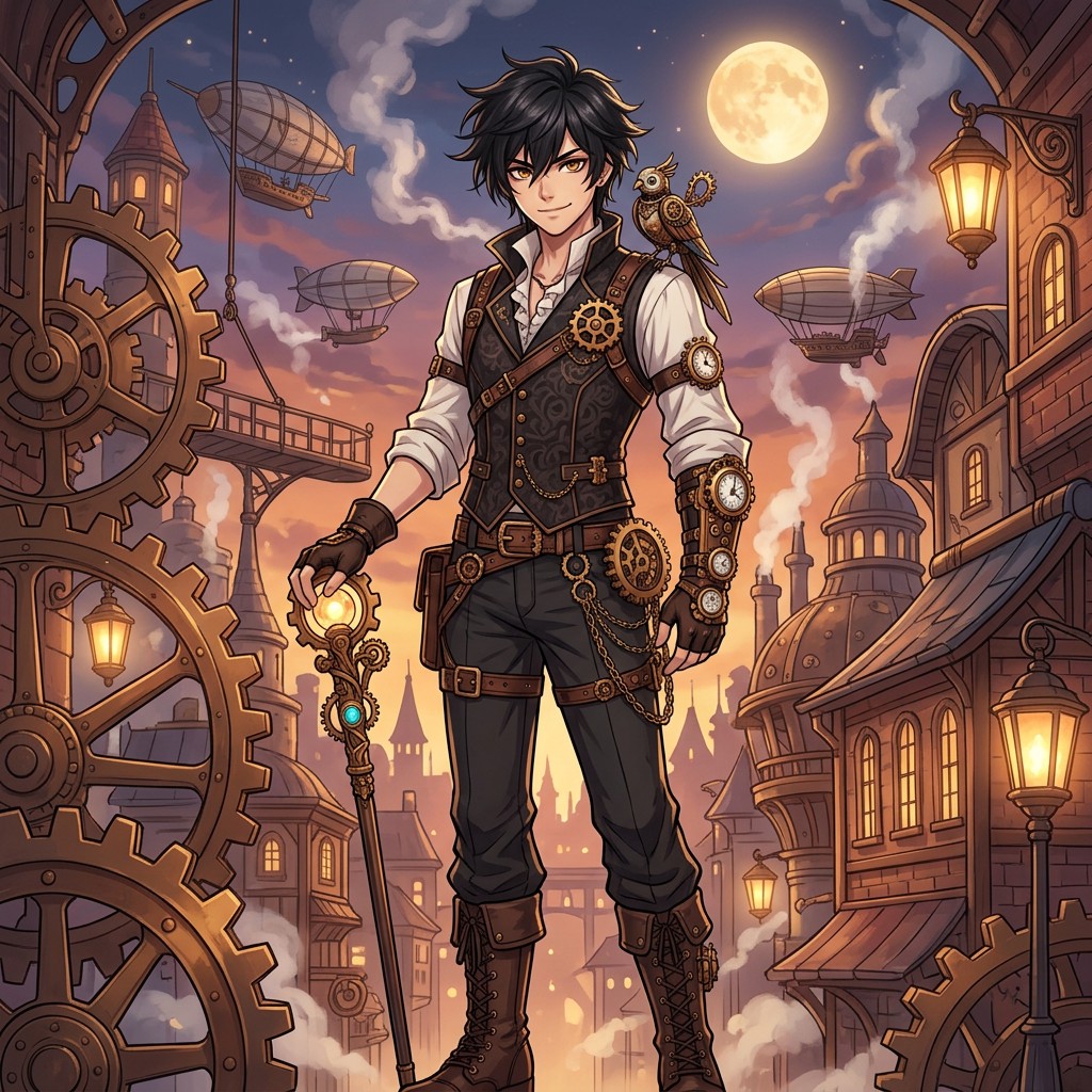 A male 2D anime original character named Eith Jer, with messy black hair and striking amber eyes